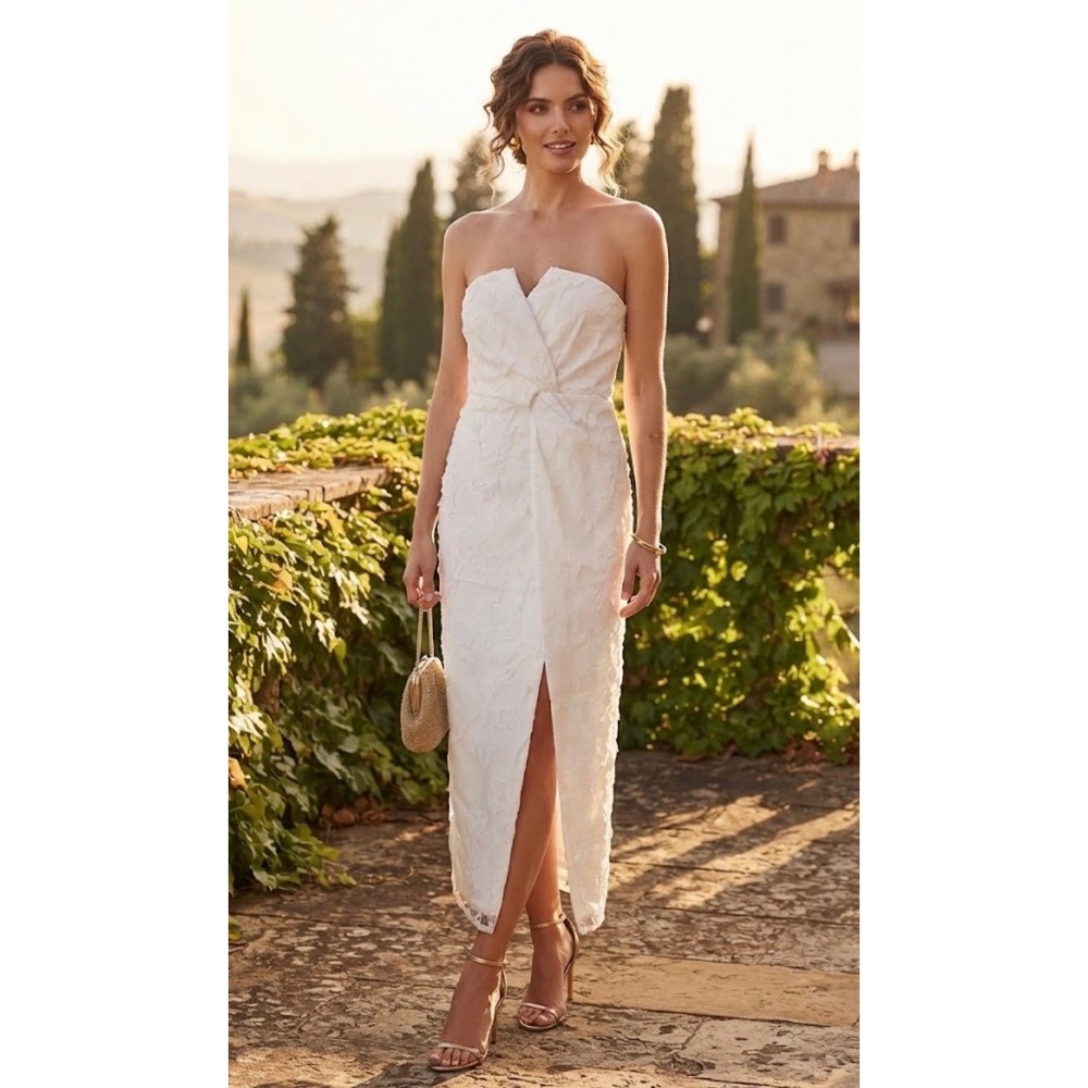 Dee Elly White Floral Lace Strapless Maxi Dress Twist Front Slit Wedding Event S